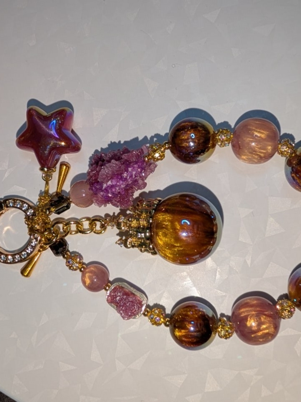 Handcrafted Gold-Tone Bracelet with Purple and Rose Beads - Unbranded